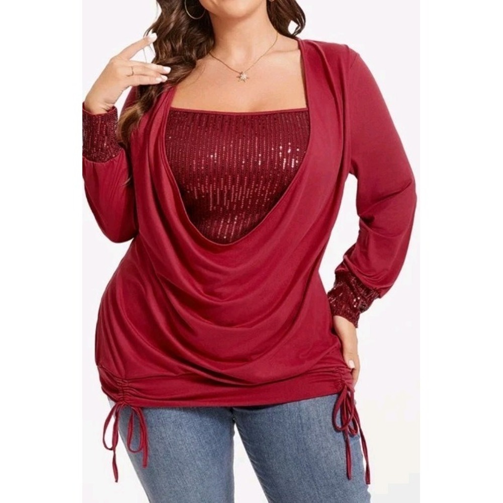 Noracora Women's Top XL Red Velvet Sequinced Drape Front Overlay Holidays Formal